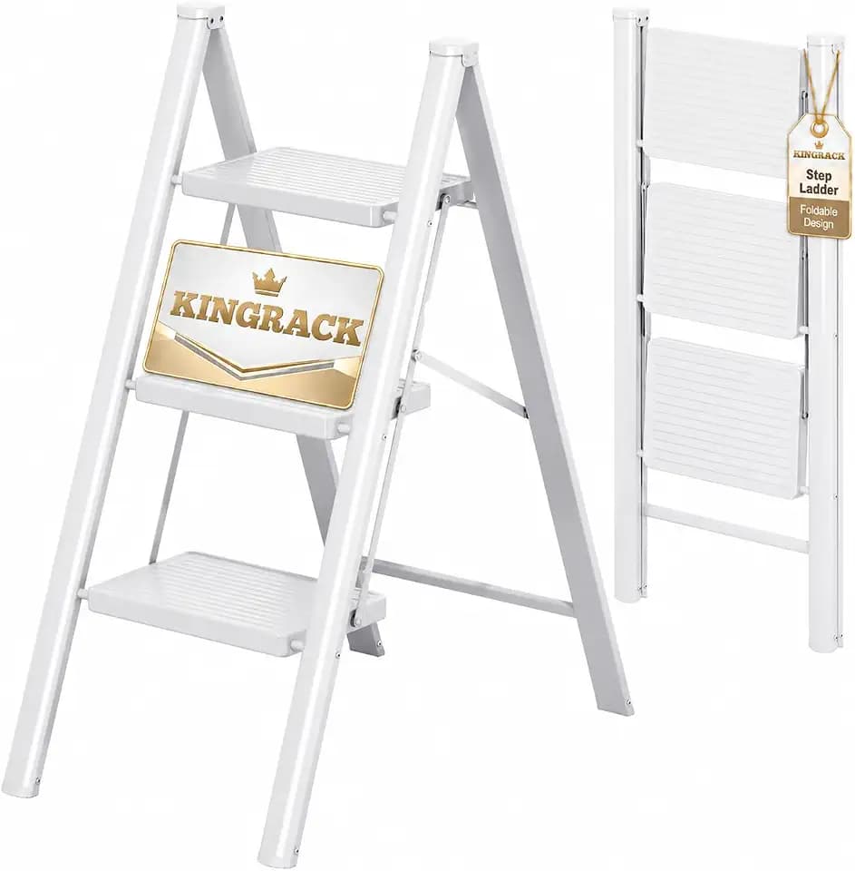KINGRACK 3 Step Folding Ladder, Lightweight Portable Home Ladder with Non-Slip Wide Pedals and Safety Lock, Sturdy Step Ladder for Adults Painting, Home, Kitchen, Garage, White