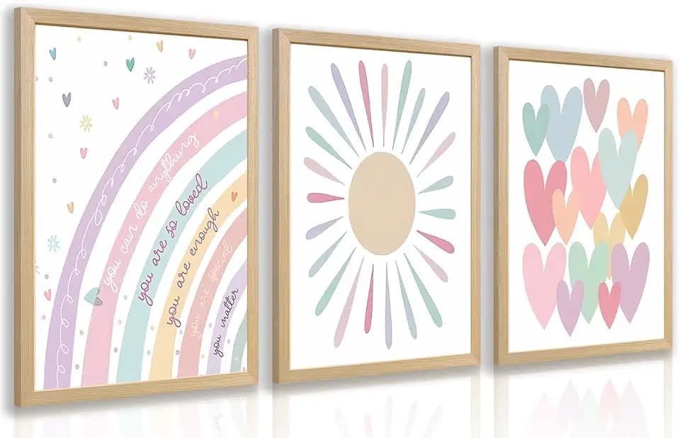 LLEEMPI Pink Heart Sun Rainbow Nursery Wall Art Set of 3,12x16 Framed Art