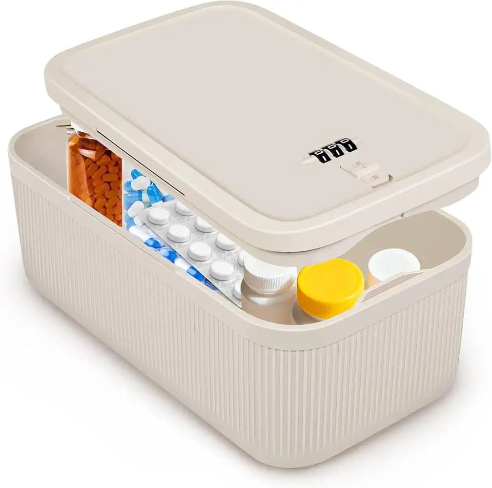 Small Lock Box,Lockable Storage Box with Combination Code for Medication Safe, Medicine Lock Box for Pills/First Aid Kits/Food/Snack Phone Jail,Locked Container for Home/Fridge/Office (Beige)