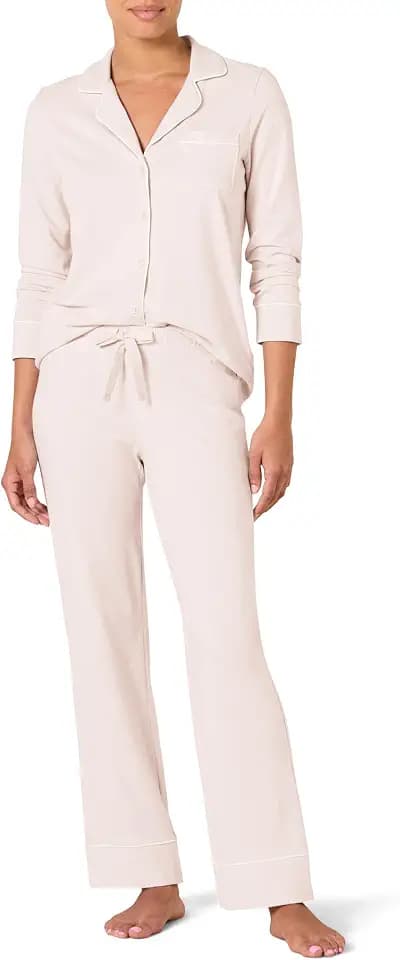 Amazon Essentials Women's Cotton Modal Long-Sleeve Notch Collar Shirt and Full-Length Elastic Waist Pajama Pant Set