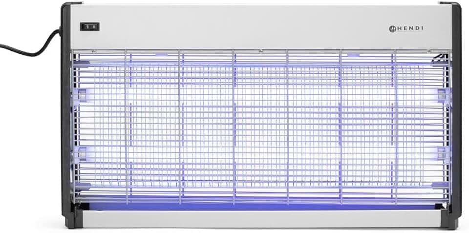 HENDI Insektenvernichter, Elektronisch, Inkl. 2x Fluoreszenzlampe UV-A, Kettenaufhängung, Wirkungsbereich: 150m², Insektenkiller, Insektenfanggerät, 230V/45W, 640x90x(H)360mm, ABS, Aluminium
