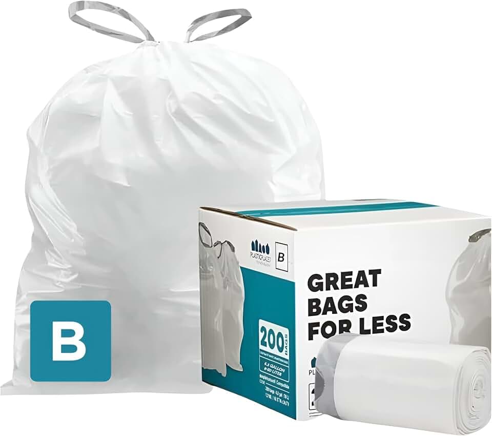 Plasticplace Trash Bags, Compatible with simplehuman Code B (200 Count) White Drawstring Garbage Liners 1.6 Gallon / 6 Liter, 12.25" x 17.75"