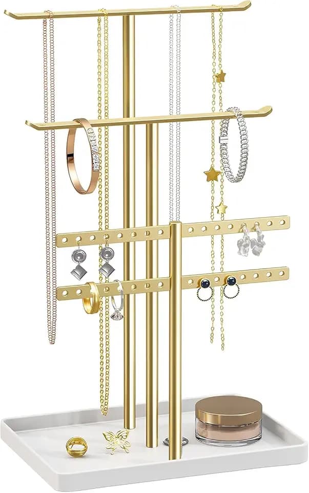 Schmuck Organizers, Schmuckständer 32cm Groß, 4 Ebenen Robust Schmuckaufbewahrung Reise, Schmuckschrank für Halskette, Armband, Parfüm und Ohrringe, Deko Aesthetic Accessoires, Gold/Weiß