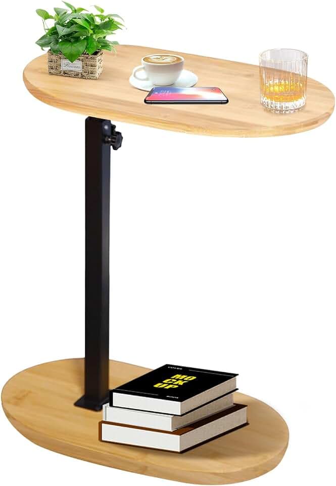 Beistelltisch C Form Höhenverstellbar Kleiner Tisch Bambusholz und Metall Couchtisch Sofatisch Kaffeetisch Side Table Sofa Table Betttisch für Wohnzimmer Bad Bett Sofa und Kaffee