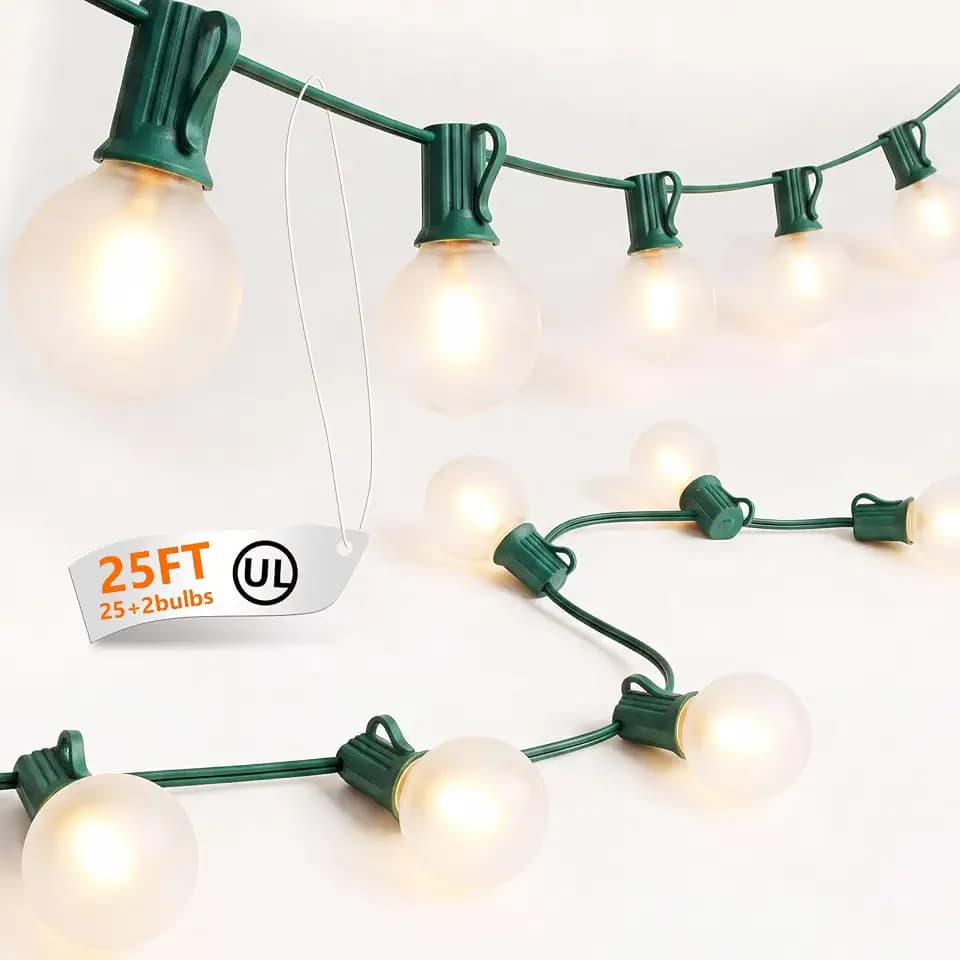 25FT G40 LED Frosted Outdoor String Lights, Globe String Lights with 27 Edison Shatterproof Bulbs(2 Spare), Decorative Lights for Bedroom Bistro Café Wedding, Warm White, Green Wire