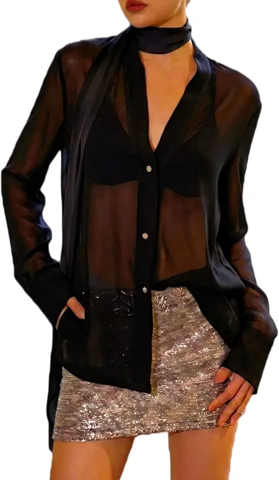 Prettywear Sheer Tops for Women V Neck See Through Chiffon Blouses with Neck Tie Going Out Outfits for Party Casual Wear