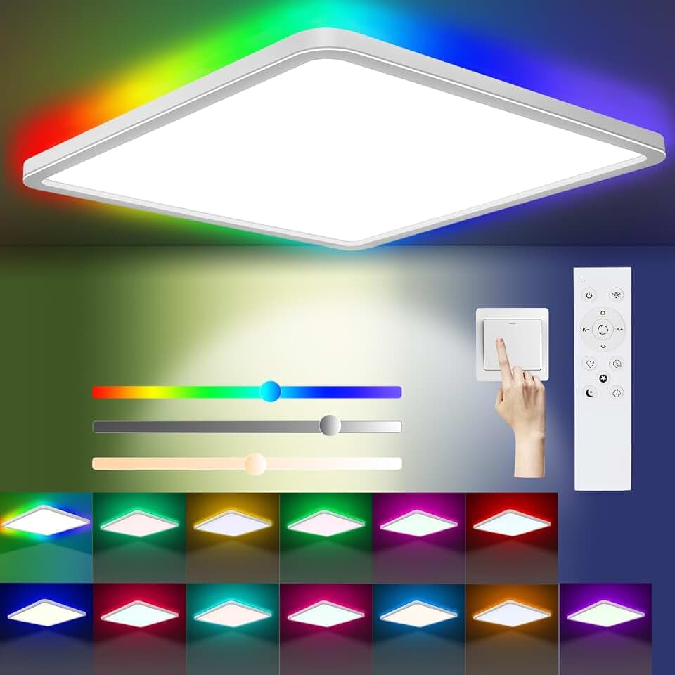 Led Deckenleuchte Dimmbar, 24W 3200LM 13RGB Deckenlampe Farbwechsel 3000K-6500K mit Fernbedienung, IP54 Wasserfest Quadrat Flach Deckenbeleuchtung für Schlafzimmer Küche Wohnzimmer Balkon Büro Keller
