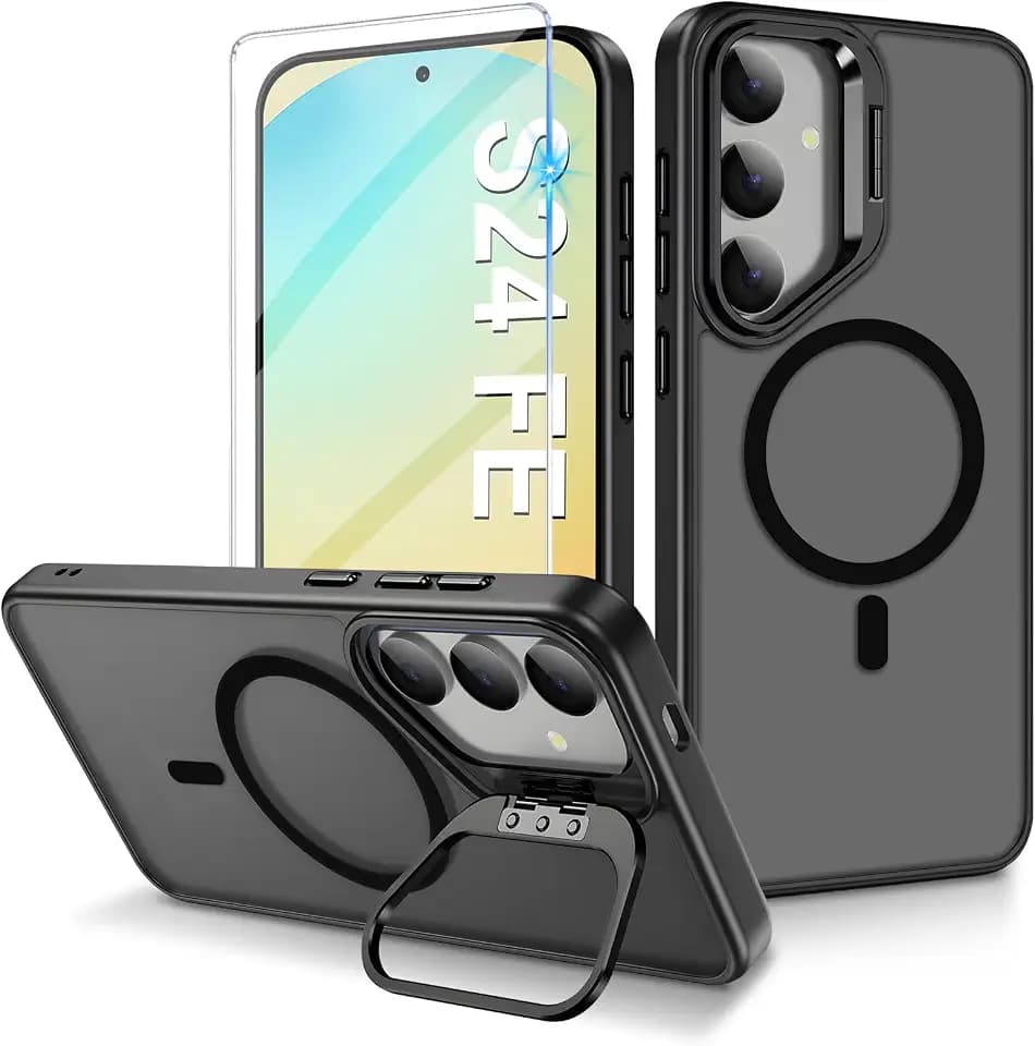 Magnetische Hülle für Samsung Galaxy S24 FE, Kompatibel mit MagSafe, Galaxy S24 FE Hülle mit Ring Ständer, Stoßfeste Handyhülle für Samsung S24 FE Ultra mit Schutzfolie (Schwarz)