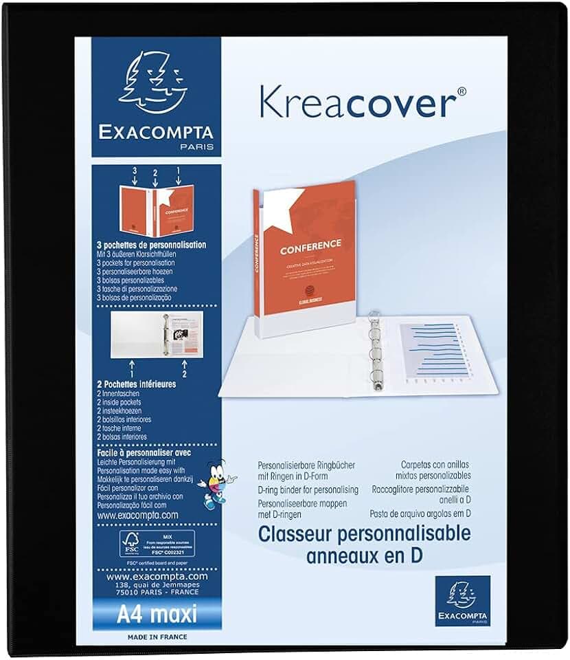 Exacompta 51846NE Präsentationsringbuch KreaCover aus blickdichtem Kunststoff für DIN A4, 4-D Ring Mechanik 25 mm, Rücken 47 mm, schwarz ideal für Schule und Büro Ringhefter Ringordner Ringbuchordner