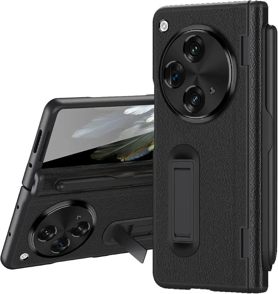 Miimall Lederhülle Kompatibel mit Oneplus Open Hülle mit Pen + Stifthalter, Stoßfest PU+PC Oneplus Open Handyhülle mit Displayschutz Ständer Scharnierschutz Case für Oneplus Open -Schwarz