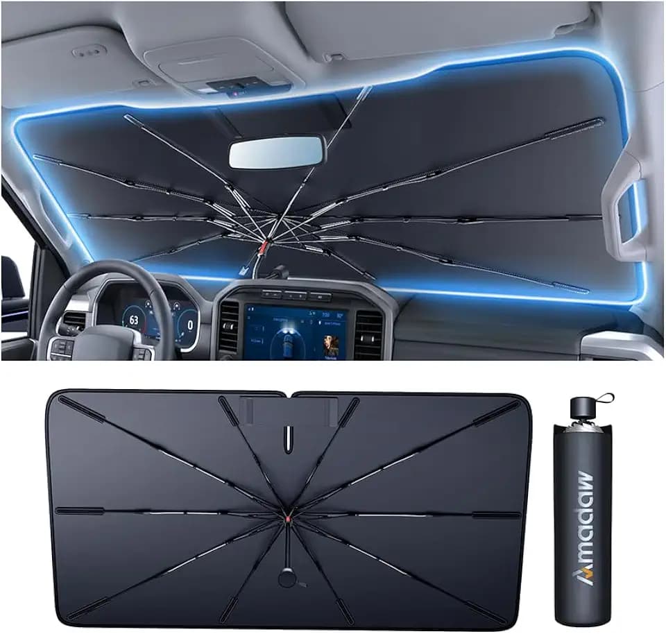 Windshield Sun Shade for GMC Terrain/Kia Seltos/Benz E300 2000-2026, Foldable Umbrella Sunshade with 100% UV Block, Multi-Layer Heat Insulation, Keeps Car Cooler, Summer Car Accessory