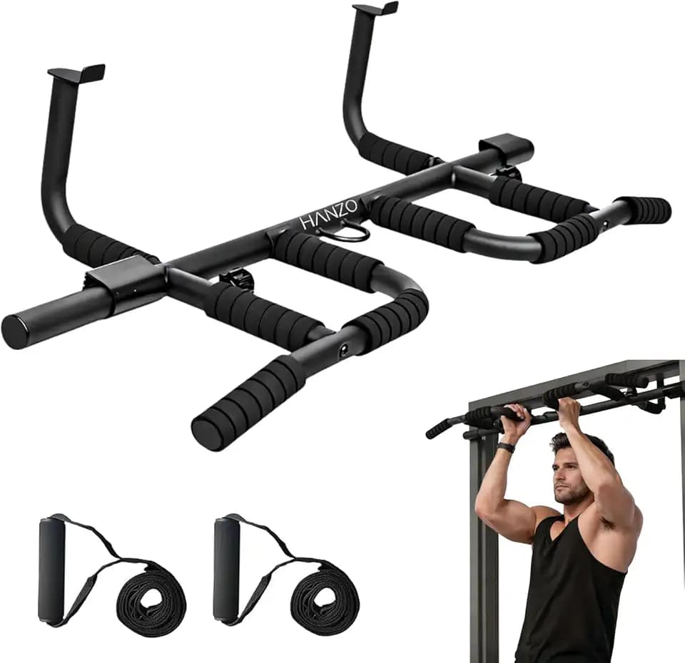 HANZO Doorway Pull Up Bar Set with Suspension Straps – Multi-Grip Chin Up Bar for Home Gym – No Screws, Strength Training Workout Bar, Door Gym Pullup Bar
