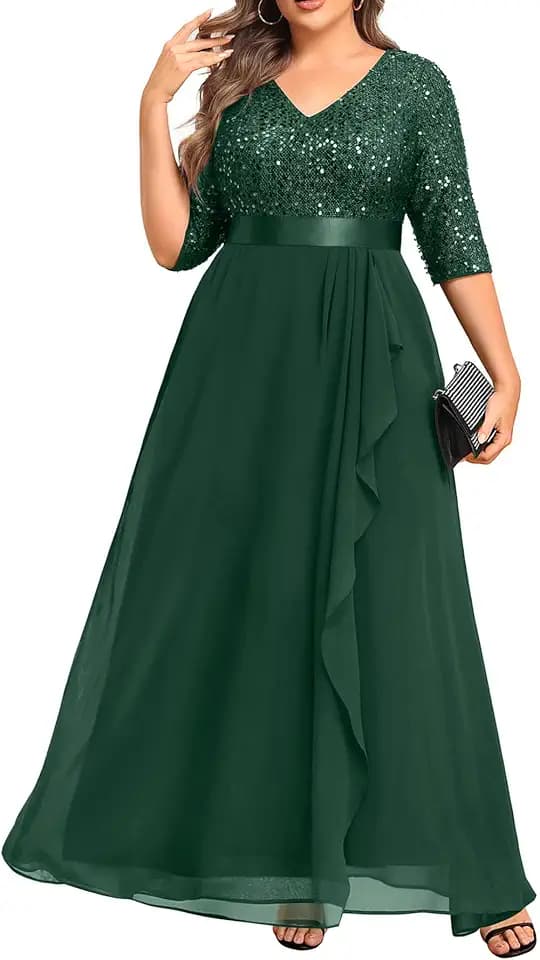 Talisea Women Plus Size Sequin Formal Evening Gown V-Neck Ruffle Maxi Dress