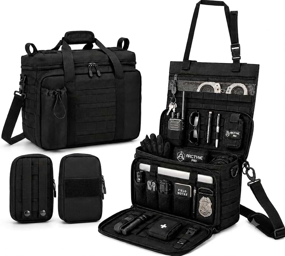 Patrol Bag Law Enforcement - Police Gear Duty Bag with Padded Tech Sleeve & 2 Detachable Pouches - Tactical Front Seat Vehicle Organizer for First Responders & Security - Heavy Duty MOLLE System
