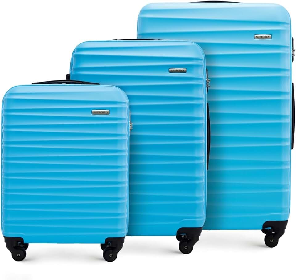 WITTCHEN Reisekoffer 3er Koffer-Set Rollkoffer Trolley Handgepäck Reisekofferset Gepäckset Hartschale aus ABS 4 Spinner-Rollen Zahlenschloss Groove Line blau Lufthansa/Eurowings/Ryanair/Condor