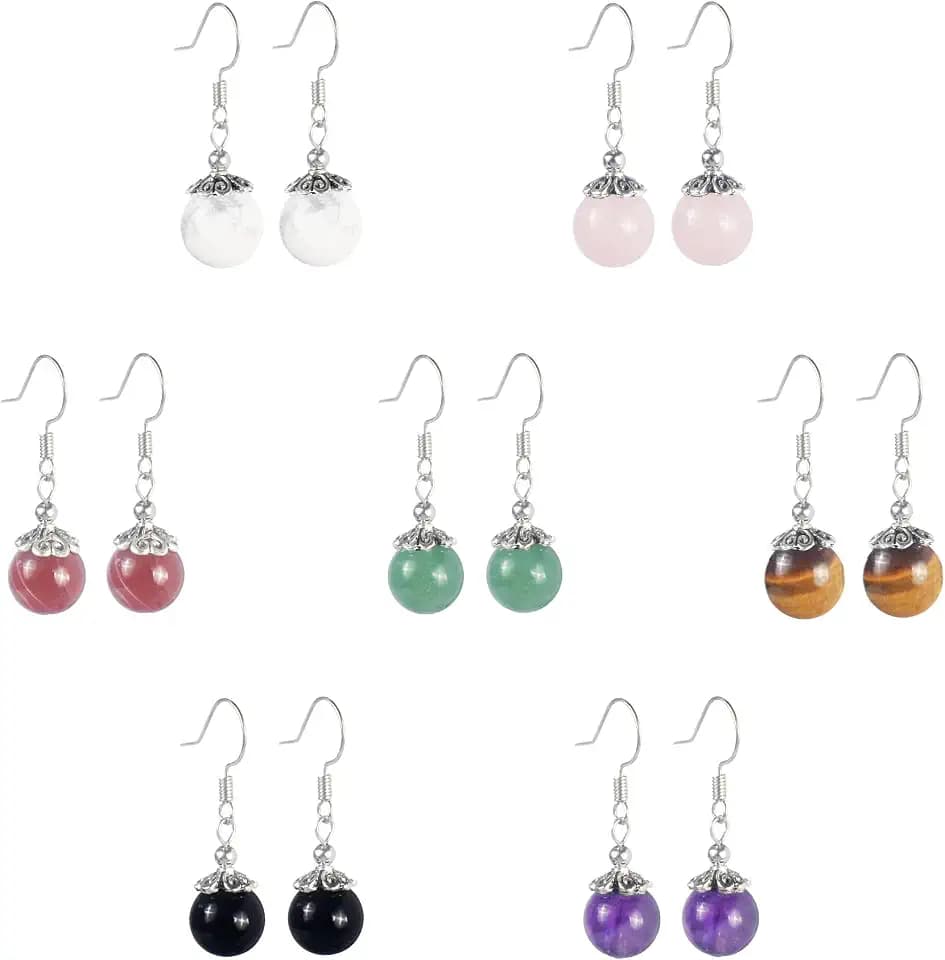 Genuine Stone Beaded Earrings 7 Pairs Dangle Earrings Chakra Earring Healing Crystal Lightweight Colorful Gemstone Earrings Gifts for Women Mom