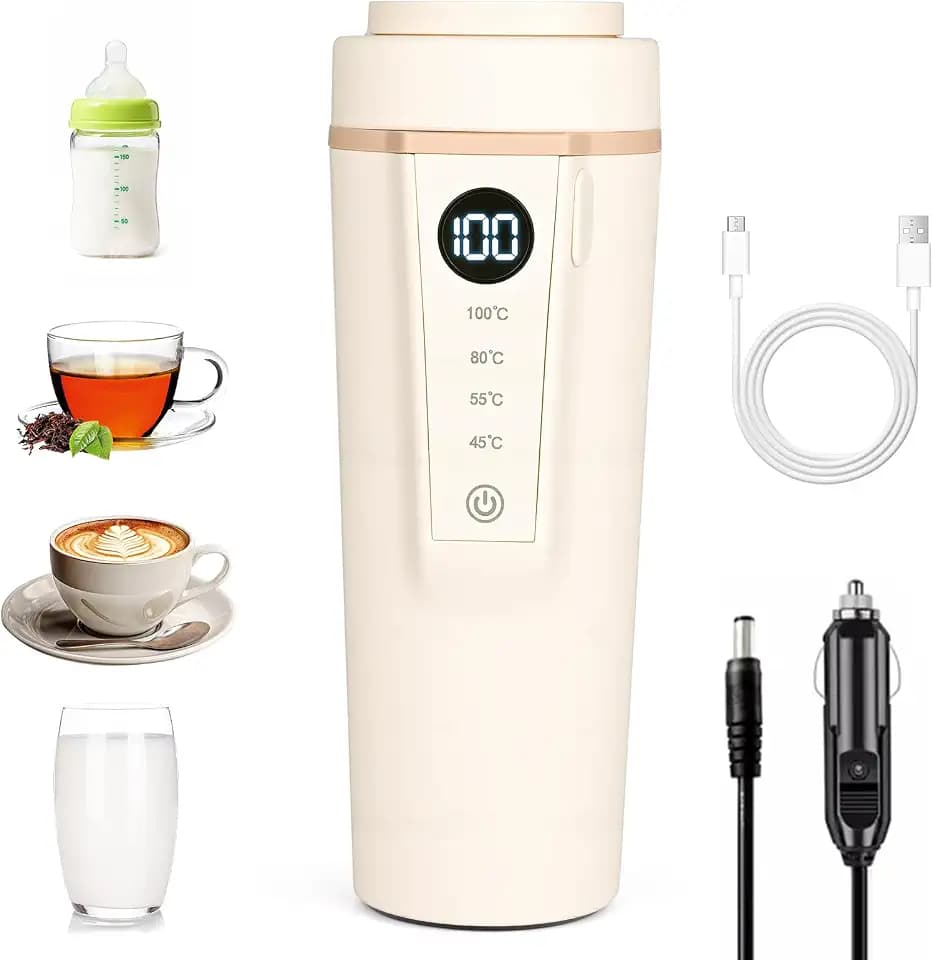 Auto Wasserkocher, Apritsce 12V 96W Wasserkocher Schnel Erhitzen, 316 Edelstahl Liner USB Wasserkochers, Tragbarer Wasserkochers mit Zigarettenanzünder für Auto Lkw Taxi Baby 400 ML