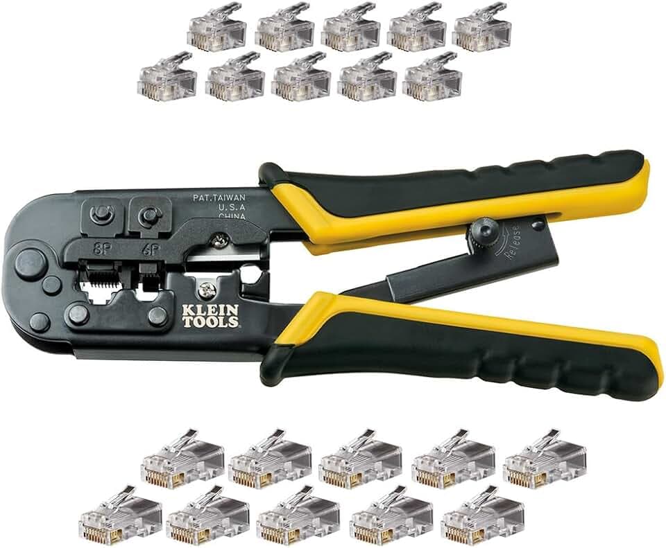Klein Tools VDV226-817 Modular Installation Kit, Ratcheting Crimper/Stripper, RJ11/RJ45 Plugs, CAT5e Connector, for Voice/Data/Video