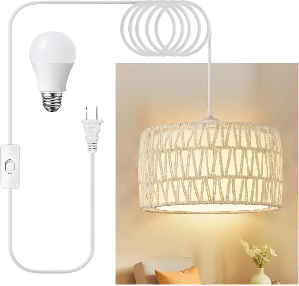 Plug in Pendant Light, Rattan Hanging Lights with Plug in Cord