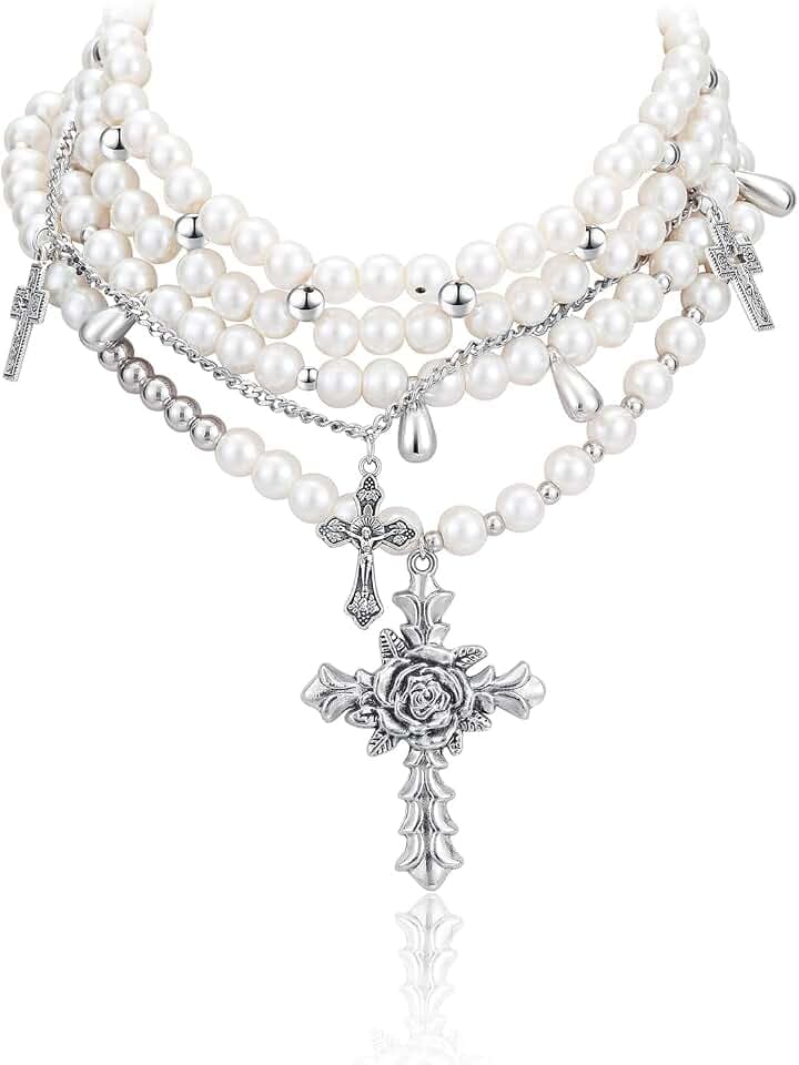 Layered Pearl Necklace Statement Gothic Pearl Cross Necklace Chunky Stacked Rhinestone Pearl Necklace for Women Girls