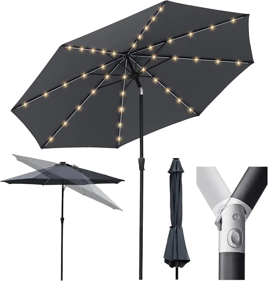 Sekey Solar-LED Sonnenschirm 330 cm mit Kurbel& Knickbar, Alu, 40 LED, UV50+