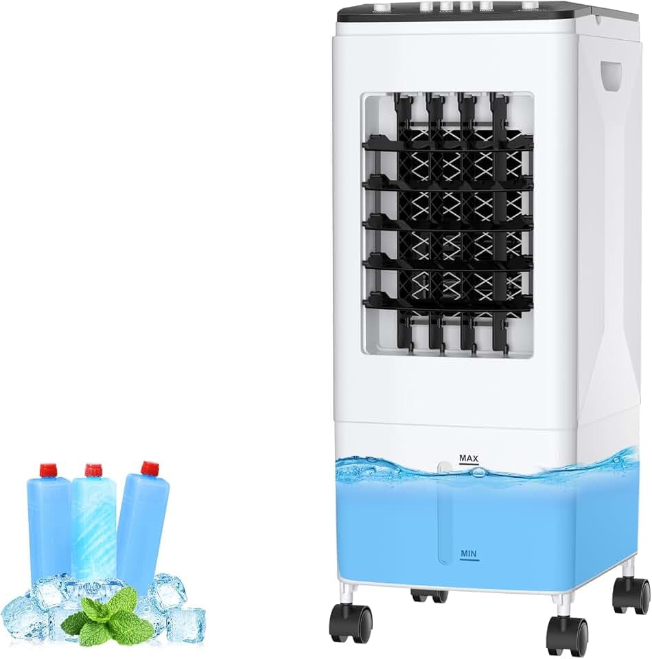 Mobile Klimaanlage ohne Abluftschlauch, 4-in-1 Luftkühler mit 6L Wassertank & 3 Kühlakkus, leiser Ventilator mit 35dB, energiesparendes Klimagerät für Zuhause, Büro, Schlafzimmer & Haustiere