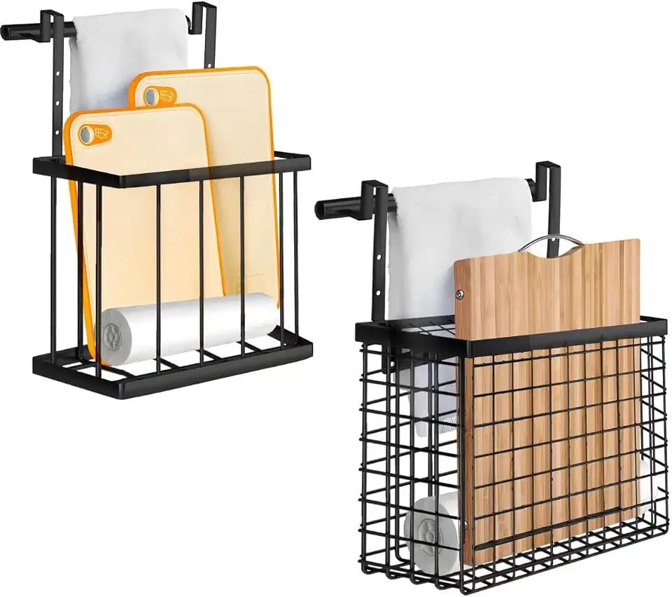 2 Pack Cabinet Door Organizer with Towel Bar, Over The Cabinet Door Storage with Towel Holder for Kitchen Cutting Board,Black