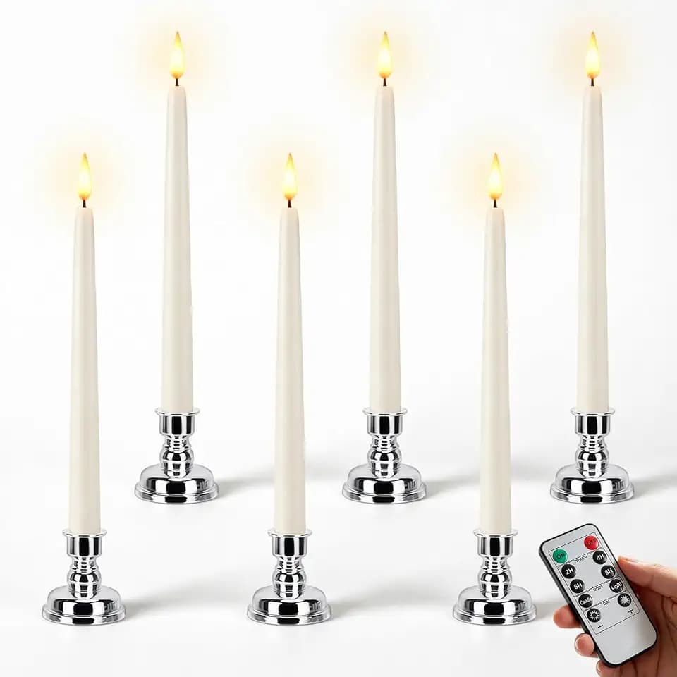 6 Stück LED Stabkerzen, 28cm LED Kerzen mit Fernbedienung, Weiß LED Stabkerzen mit Timerfunktion, 3D Flackernde Flamme, Elektrische Kerzen für Halloween Weihnachten Decor, mit 6 Silber Kerzenhaltern