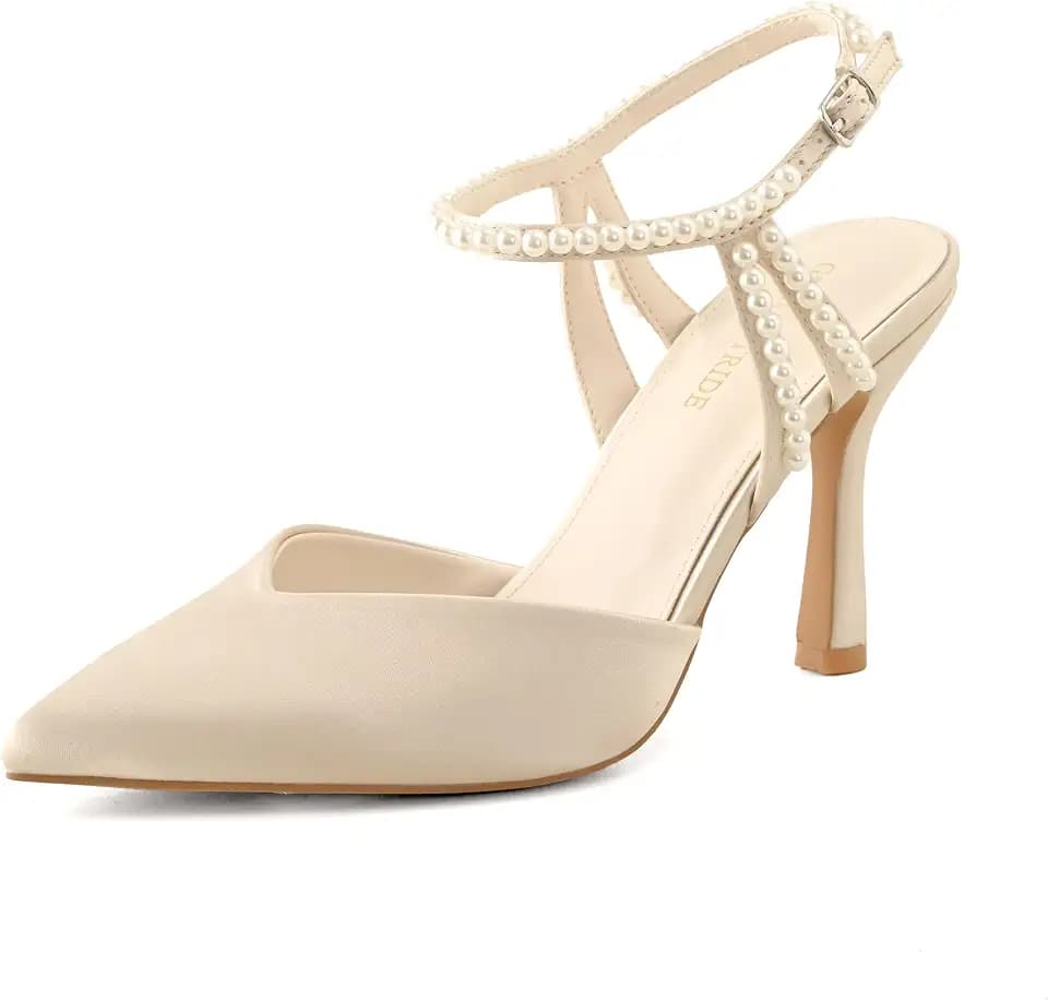 Pearl Pumps for Women High Heels Stilettos Adjustable Ankle Buckle Wedding Party Dressy Shoes