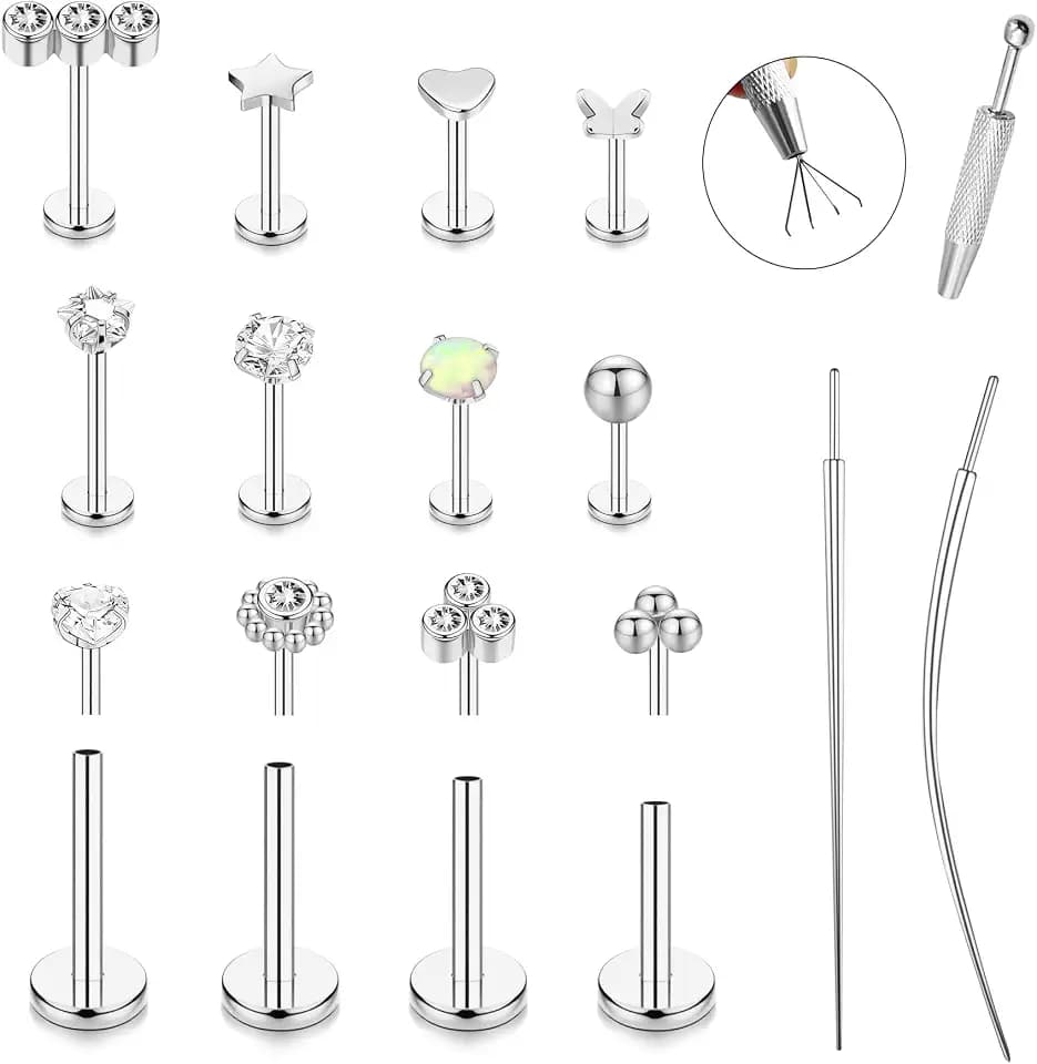15Pcs 20G/18G/16G Flat Back Push in Stud Earrings 316L Surgical Stainless Threadless nose rings Medusa Piercing Jewelry Hypoallergenic Labret Studs Lip Rings ring for Women Men Be Equipped With Ball Grabber Tool
