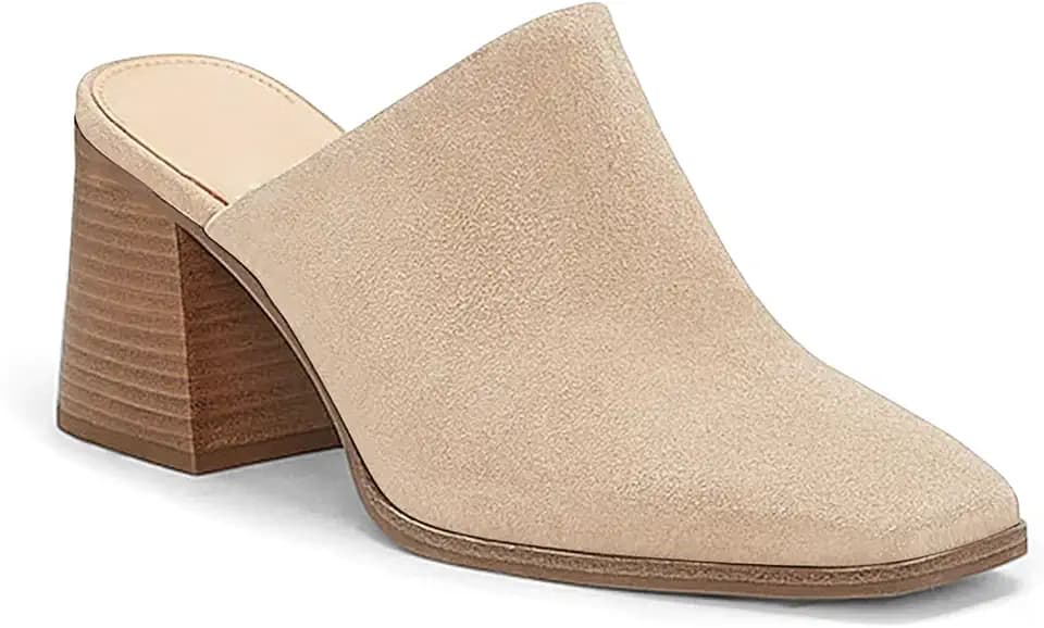 Womens Chunky Stacked Heel Mules Closed Square Toe Heeled Slip on Clogs Casual Backless Loafers Shoes