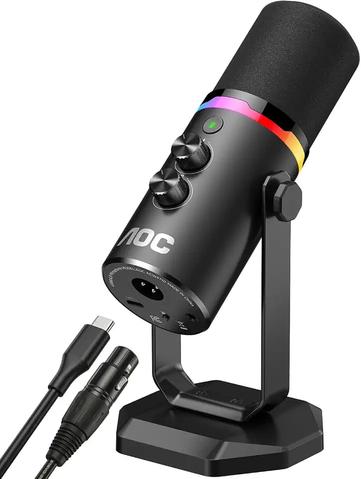 AOC USB/XLR Dynamic Microphone for PC Gaming, Podcast & Recording, Dual-Mode RGB Mic& Streaming Vocal Gear with Heavy-Duty Desk Stand, Clicky Mute, 7.5ft USB & 6.5ft XLR Cables Included