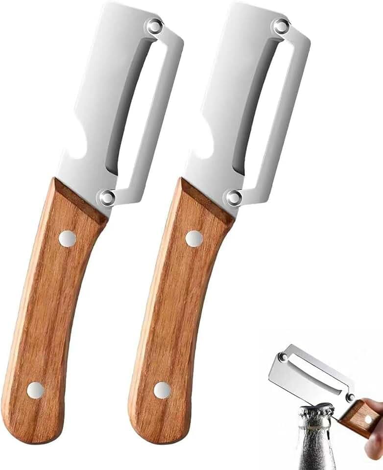 STOAT Gemüseschäler 2 in 1 mit Holzgriff & Flaschenöffner, Edelstahl Sparschäler für Küche, Obstschäler für Gurken, Tomaten, Karotten, Kürbis (Zwei Stück)