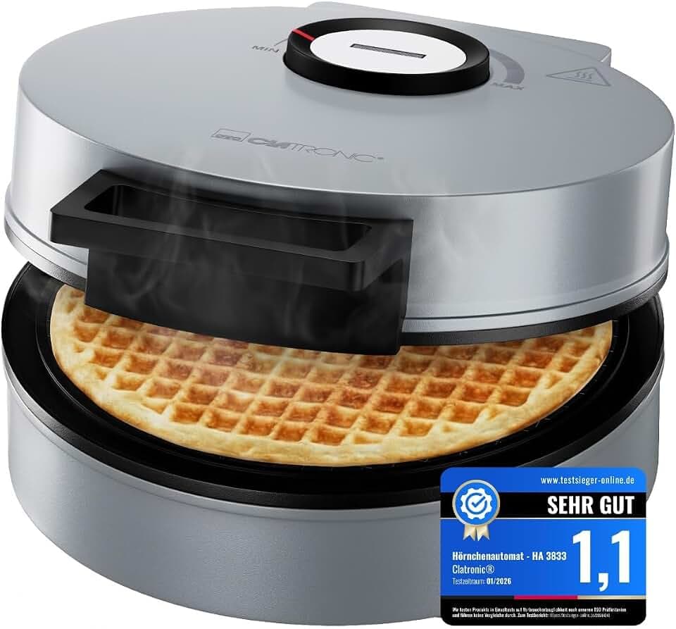 Clatronic® Hörncheneisen | Antihaftbeschichtung | inkl. Hörnchenkegel | stufenloser Regler für Bräunung nach Wunsch | Hörnchenautomat | 1200W | große Backfläche | Eiswaffeleisen | HA 3833