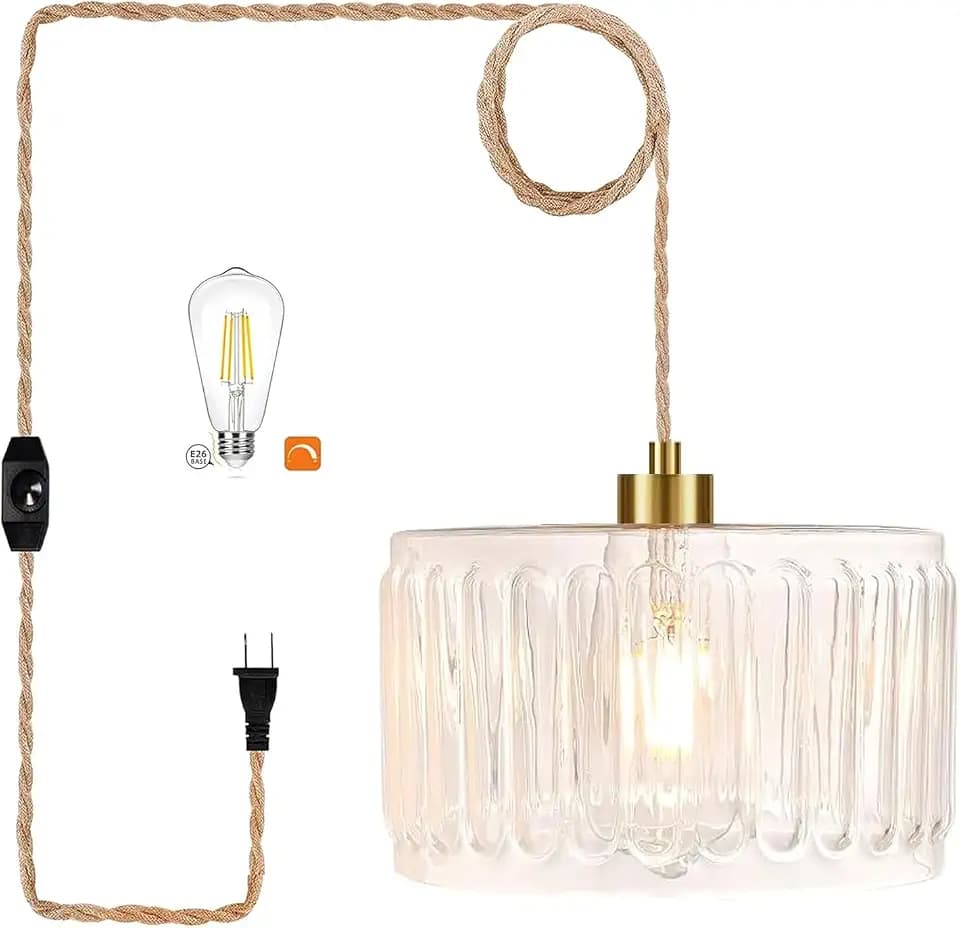 QIYIZM Glass Plug in Pendant Light Hanging Lights with Plug in Cord Milk White Hanging Lamp Gold Dimmable Mid Century Modern Plug in Chandelier Ceiling Fixture for Living Room,Kitchen,Boho