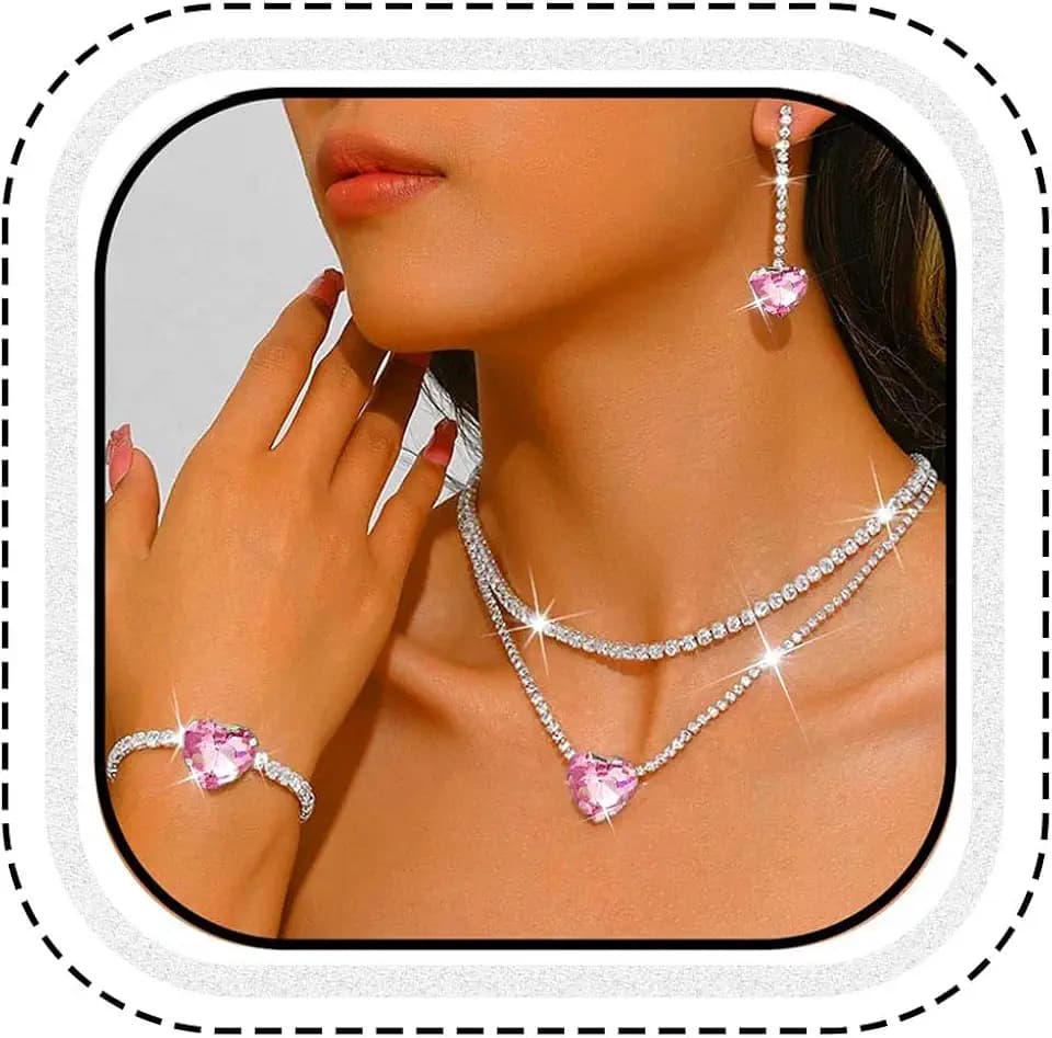 Unicra Silver Rhinestone Necklace Earrings Bracelet Sets Bridal Wedding Jewelry Set Heart Costume Jewelry Sets for Women and Brides