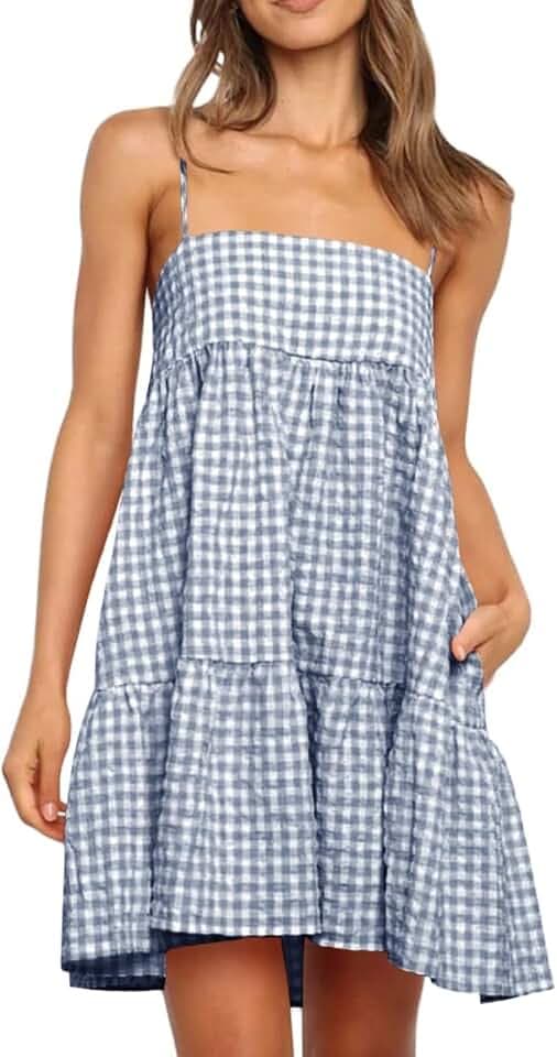 Womens Summer Plaid A-line Sleeveless Casual Flowy Mini Sundress