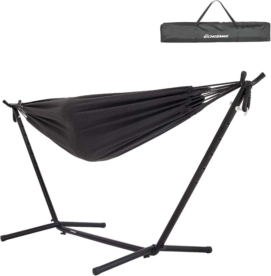 EchoSmile Double Hammock with Detachable Stand - 480 lbs Heavy Duty 2 Person Hammock Adjustable Hooks Indoor Outdoor Stand Hammock Durable Steel Frame - Charcoal Gray