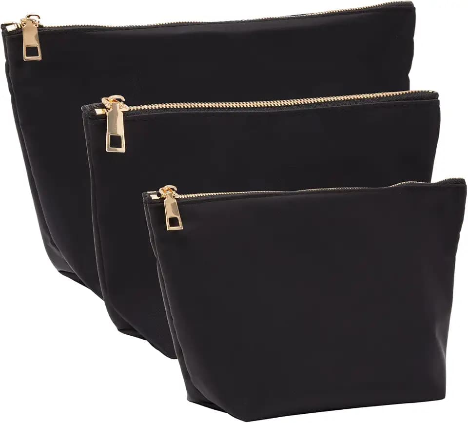 Glamlily 3 Piece Black Makeup Bag Set for Women, Nylon Zipper Cosmetic Pouch Organizers for Travel, Toiletries (3 Sizes)