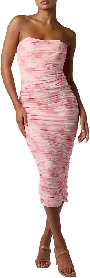 Lulus Steffi Ruched Printed Women's Cocktail Midi Dress