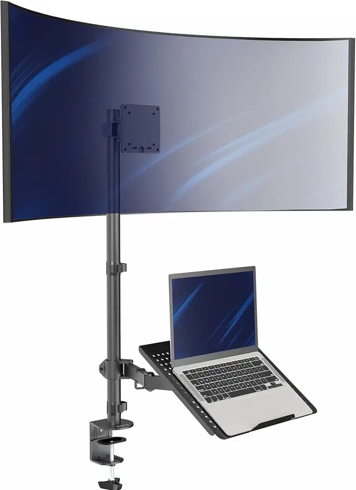 VIVO Extra Tall Desk Mount for up to 49 inch Ultrawide and Tray for up to 17 inch Laptop, Clamp-on Adjustable Stand Holds 44 lb Screens, VESA up to 100x100, Black, STAND-V012C
