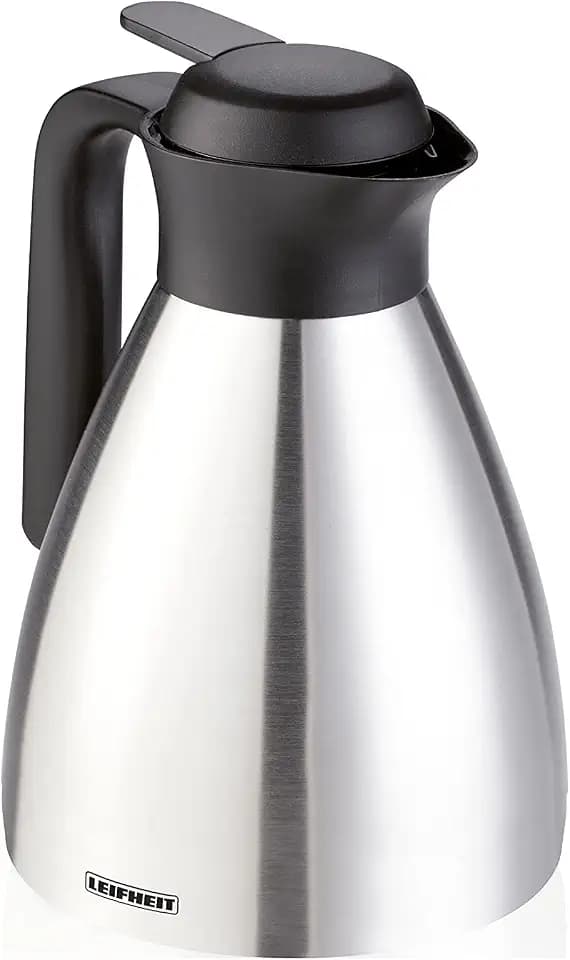 Leifheit Shine 1, 0 L Isolierkanne, 100% dicht, Thermoskanne mit doppelwandigem Edelstahl-Isolierkörper, praktisches Öffnen und Schließen mit einer Hand, Kaffeekanne, Teekanne, silber schwarz