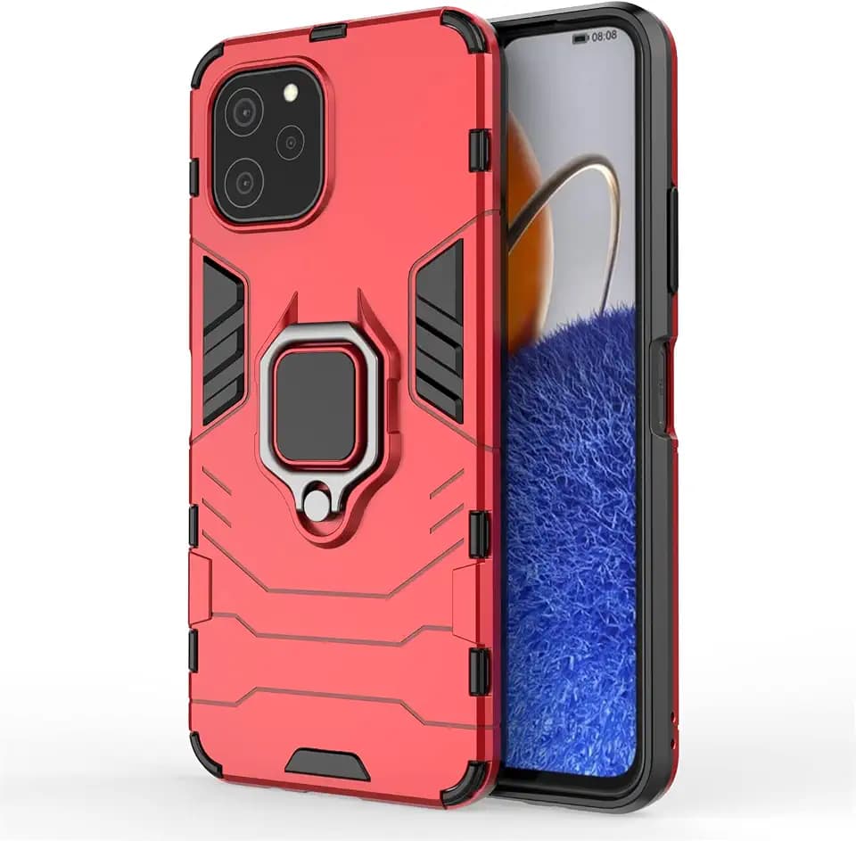 Huawei nova Y61 Hülle, Hybrid 2in1 TPU+PC Schutzhülle Rugged Armor with Magnetic Car Mount Case Cover Bumper Backcover mit Ständer für Xiaomi Huawei nova Y61 -Red