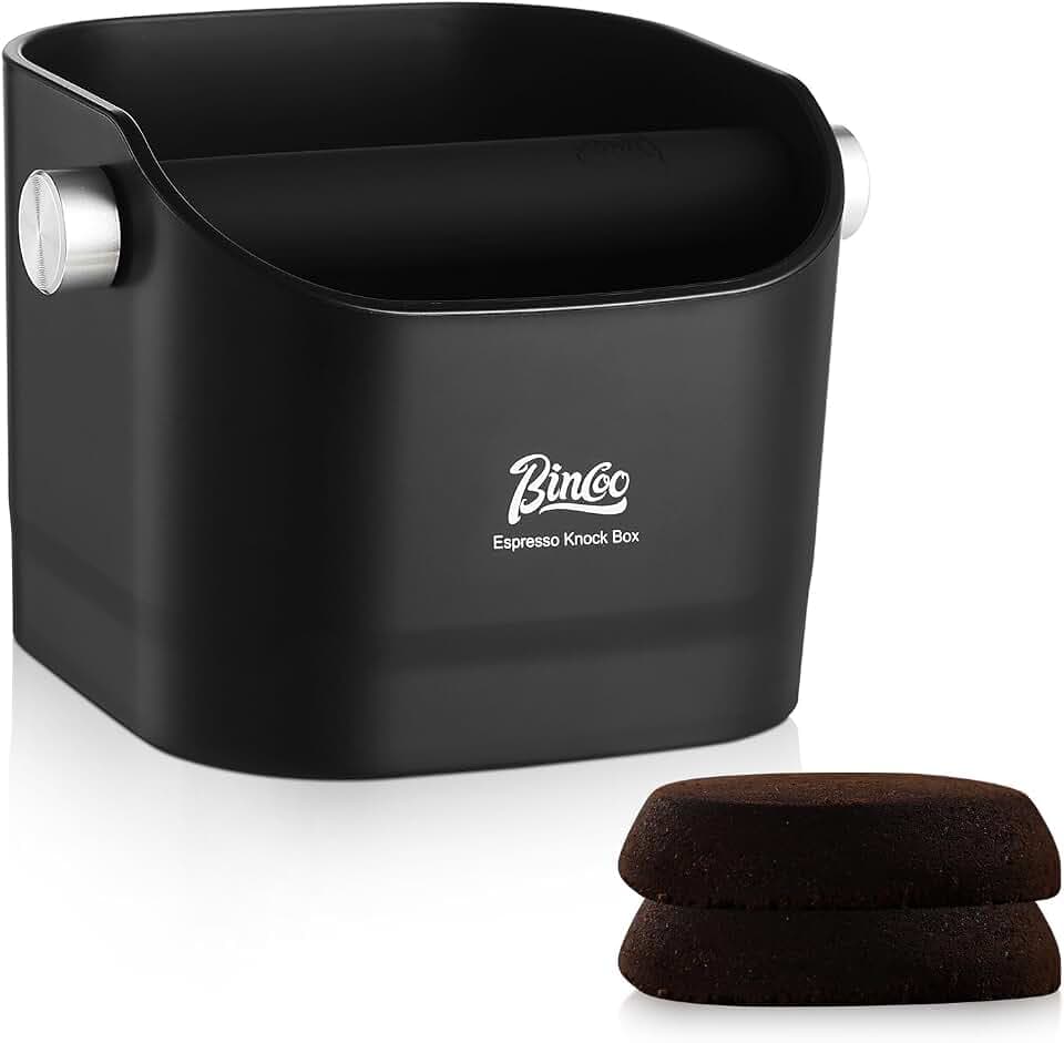 Bincoo Coffee Knock Box 0.8L – ABS Espresso Knock Bin with Non-Slip Base, Wide 4.6" Slanted Opening & Detachable Silicone Knock Bar for Easy Cleaning and Quiet Use(Black)