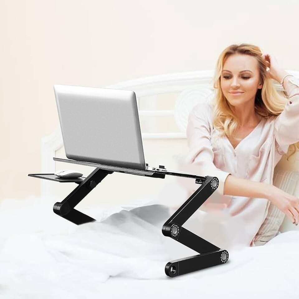 Ejoyous Verstellbarer Laptopständer mit Seitenablage, Faltbarer Laptop-Tischständer Tragbarer Schoßtisch mit um 360 ° drehbaren Beinen 2 Lüfter Laptop-Schreib-Frühstückstisch