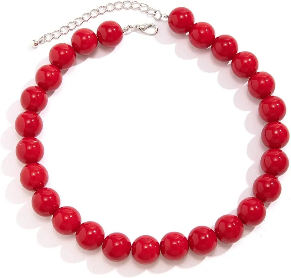 Chunky Red Beaded Necklace for Women Black Red Pearl Beaded Choker Necklace Adjustable Big 16MM Bead Necklaces Large Statement Jewelry
