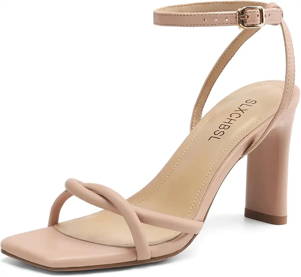 Chunky Heels for women, Strappy Square Open Toe Heeled Sandals