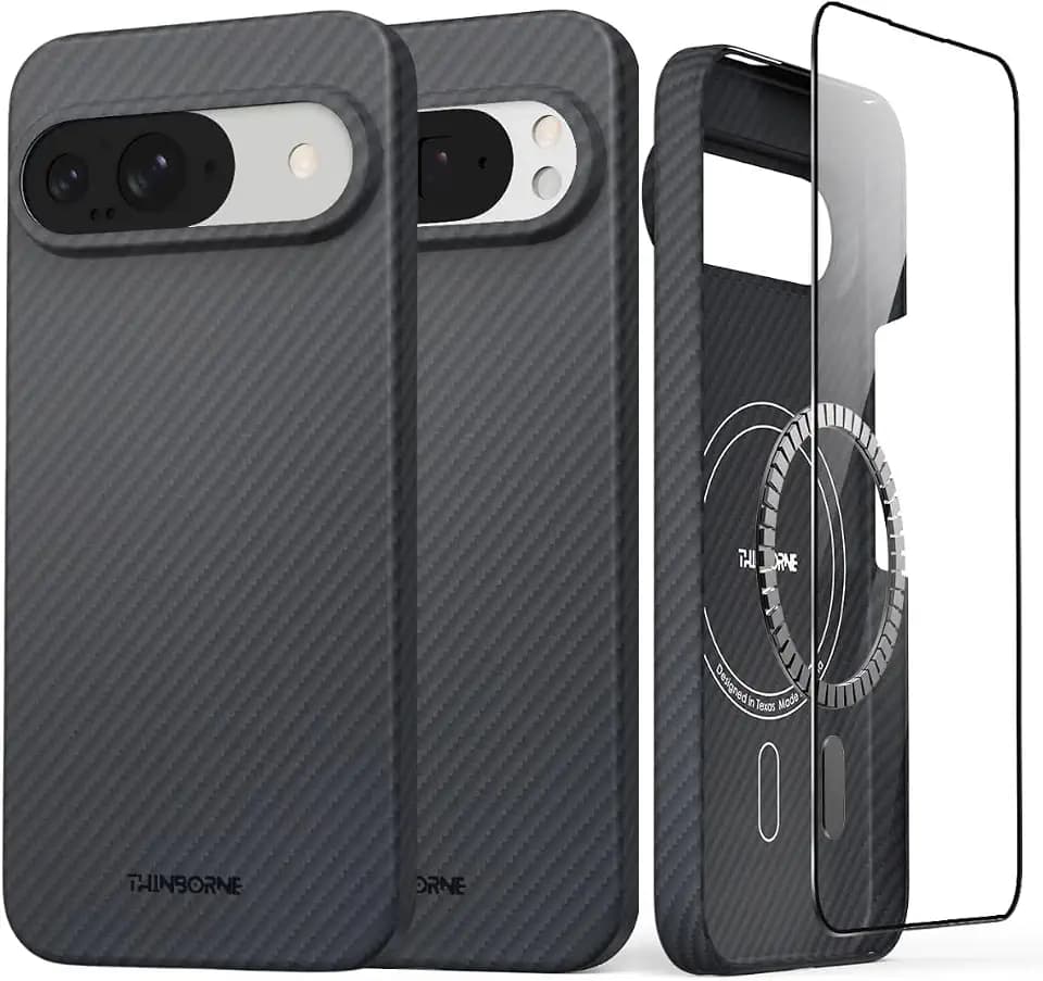 Thinborne Google Pixel 9 Pro and Pixel 9 Case, [600D Aramid Fiber] [Magnetic] [Ultra Thin] [Minimalist Style] [Carbon Fiber] - Black