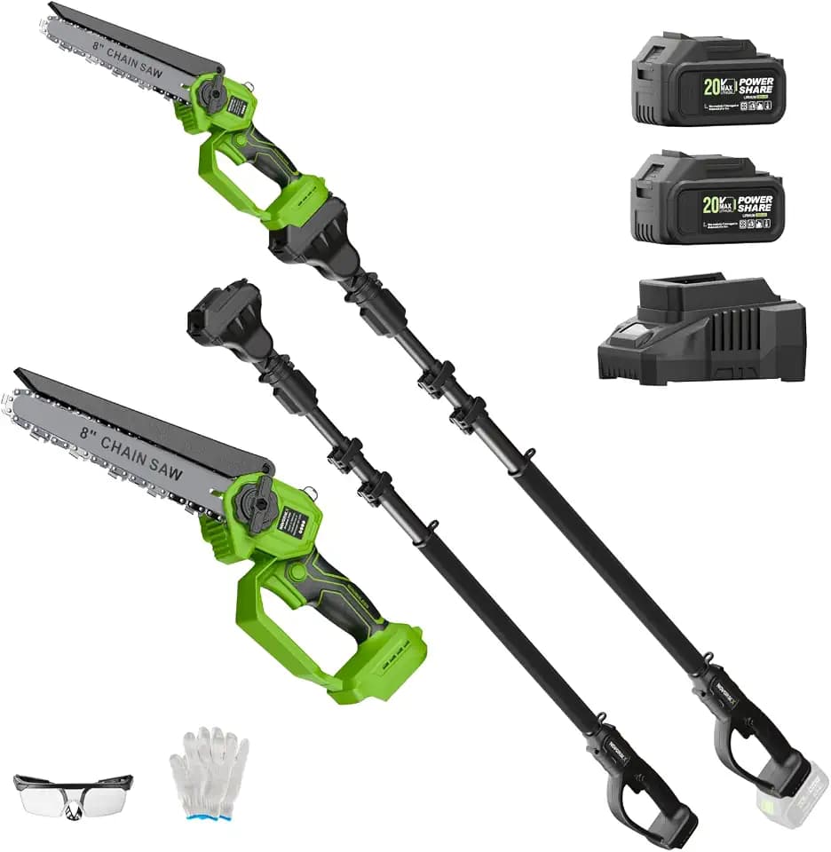 2-in-1 Cordless Pole Saw & 8-Inch Mini Chainsaw 20V 3.0Ah*2 15FT Reach Electric Tree Trimmer Battery Powered Chainsaw with Extension Pole for Tree Trimming Branch Cutting Pruning