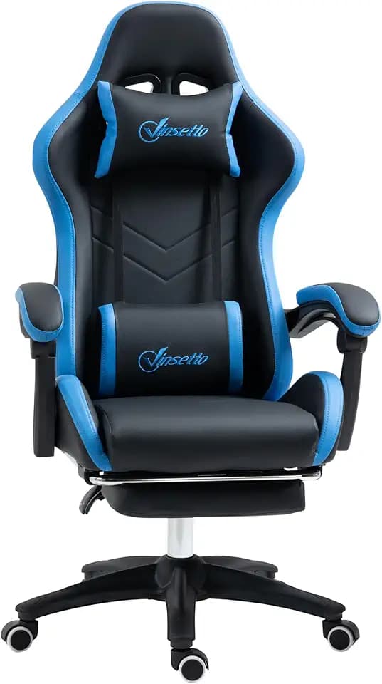 Vinsetto Gaming Stuhl mit Lendenkissen Kopfstütze Fußstütze Schwarz+Blau